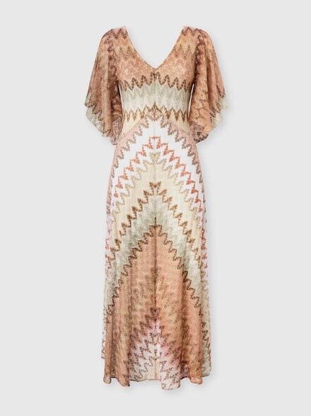 Vestido largo con escote en V en viscosa lam&eacute; con motivo zigzag, Multicolor  - DS26SG3KBR015ISMSPJ