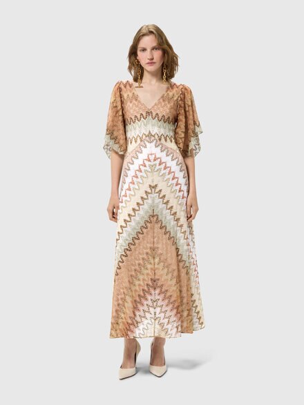 Vestido largo con escote en V en viscosa lam&eacute; con motivo zigzag, Multicolor  - DS26SG3KBR015ISMSPJ