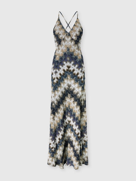 Long dress with V-neck in lam&eacute; viscose with lace motif, Multicoloured  - DS26SG3ZBR015JS72RA