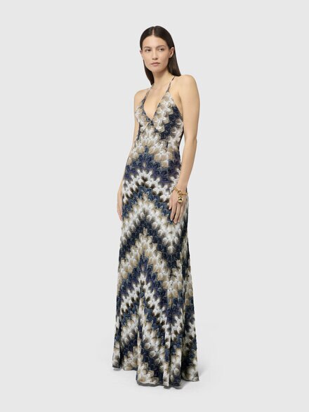 Long dress with V-neck in lam&eacute; viscose with lace motif, Multicoloured  - DS26SG3ZBR015JS72RA