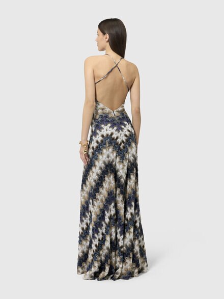 Long dress with V-neck in lam&eacute; viscose with lace motif, Multicoloured  - DS26SG3ZBR015JS72RA