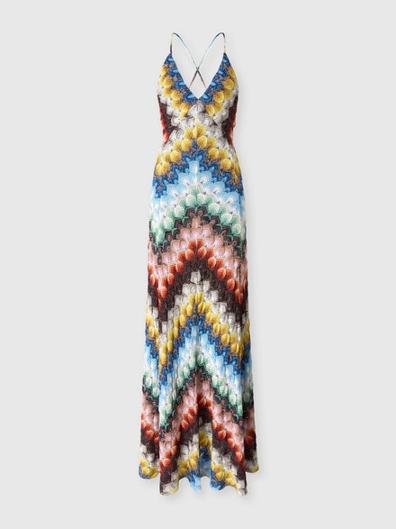 Long dress with V-neck in lam&eacute; viscose with lace motif, Multicoloured  - DS26SG3ZBR015JSMSNV