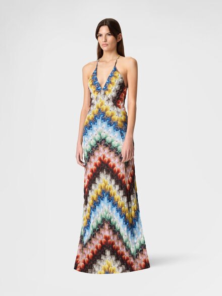 Long dress with V-neck in lam&eacute; viscose with lace motif, Multicoloured  - DS26SG3ZBR015JSMSNV