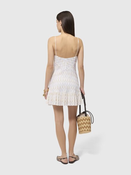 Mini vestido con volantes en encaje zig zag, Blanco & Dorado - DS26SG40BR015XS01LI