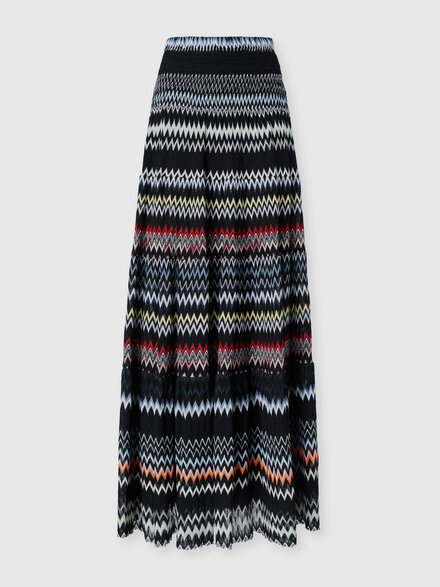 Falda larga de algod&oacute;n y viscosa con motivo zigzag y volantes, Verde & Marr&ograve;n - DS26SH0IBR0150S91RR