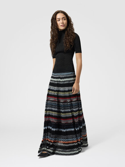 Falda larga de algod&oacute;n y viscosa con motivo zigzag y volantes, Verde & Marr&ograve;n - DS26SH0IBR0150S91RR