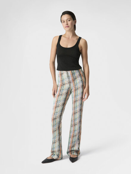 Multi-Technique Mixed Viscose Lam&eacute; Flared Trousers, Green& Brown - DS26SI0GBC005ZS01K3