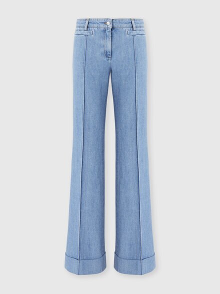 Denim Flared Trousers with Cuffed Hem and Center Crease, Green& Brown - DS26SI0LBW00ZBS72OD