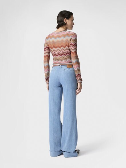 Denim Flared Trousers with Cuffed Hem and Center Crease, Green& Brown - DS26SI0LBW00ZBS72OD