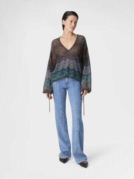 Chevron Lamé Viscose Blouse with Sequins, Green& Brown - DS26SJ0FBK01H9SM9ZT