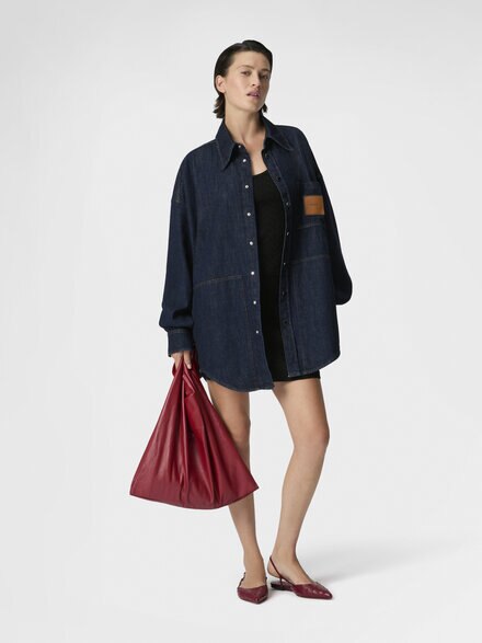 Cotton Denim Overshirt with Logo Patch, Green& Brown - DS26SJ0NBW00ZBS72PM