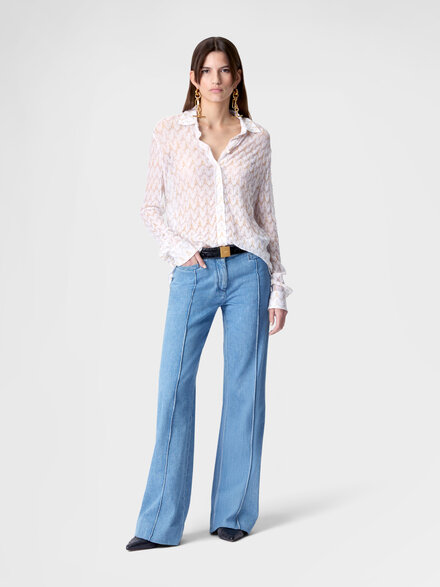 Shirt in viscose lam&eacute; with zig zag lace motif, White & Gold - DS26SJ0OBR015XS01LI