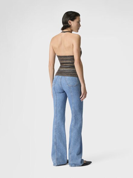 Striped Viscose Lamé Top with Halter Neck, Green& Brown - DS26SK08BK01GRSMSML