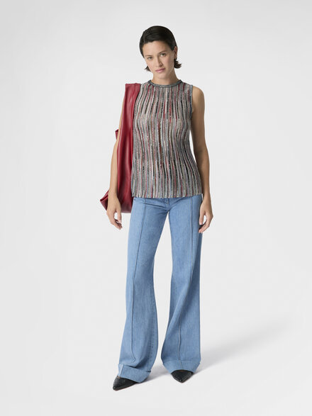 Top smanicato in misto viscosa a costine con paillettes, Verde& Marrone - DS26SK0SBK01H1SMSMB