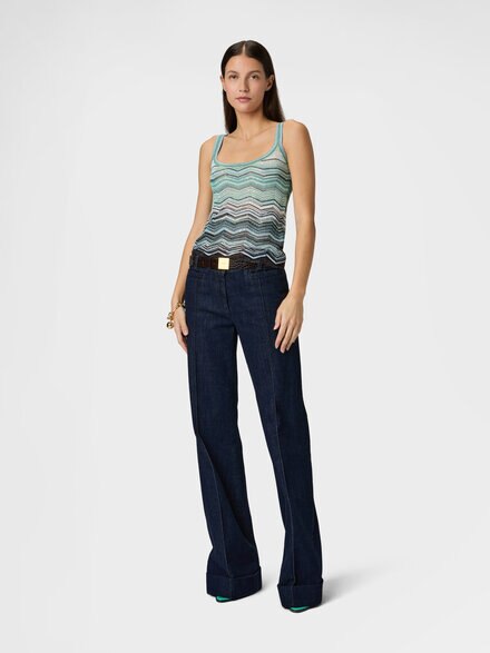 ビスコース ラメ シェブロン クルーネック ノースリーブトップ（スパンコール付き）, グリーン& 茶色 - DS26SK0TBK01H9SMSN4