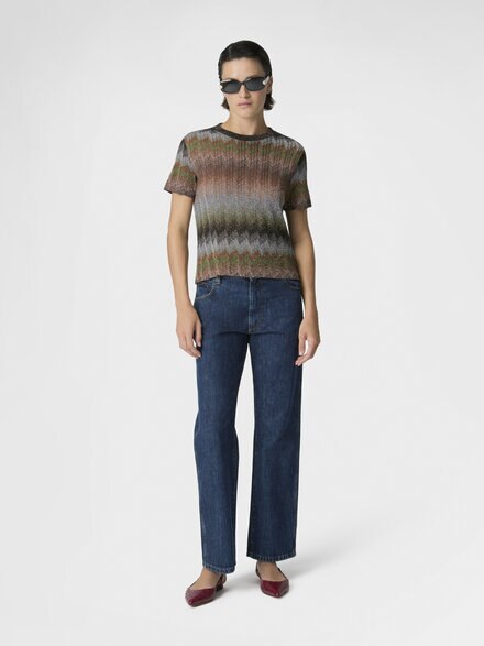 Snake-Pattern Viscose Lamé Crewneck T-Shirt, Green& Brown - DS26SL01BR014SSM9YM