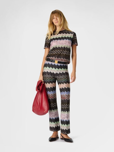 Viscose Lamé Crewneck T-Shirt with Ribbed Collar, Green& Brown - DS26SL01BR014WSM9YN