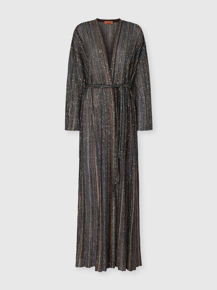 Cardigan lungo in viscosa lam&eacute; a costine con cintura, Verde& Marrone - DS26SM02BK01CLS72PT