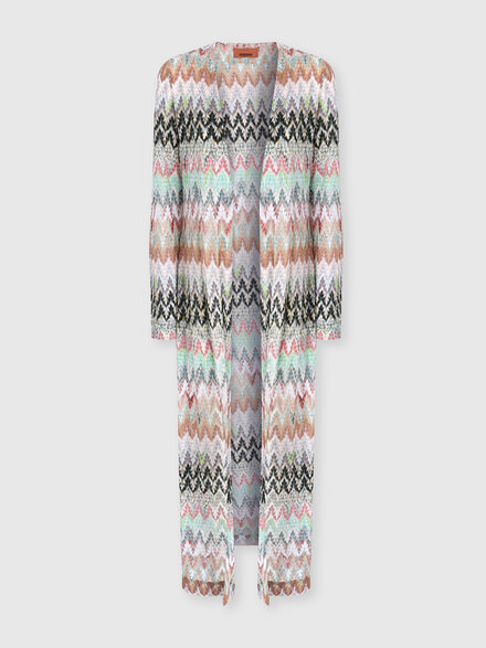 Cotton and Viscose Lam&eacute; Long Cardigan with Lace Motif, Green& Brown - DS26SM0LBR014ZSM9Y4