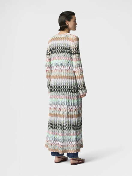 Cotton and Viscose Lam&eacute; Long Cardigan with Lace Motif, Green& Brown - DS26SM0LBR014ZSM9Y4