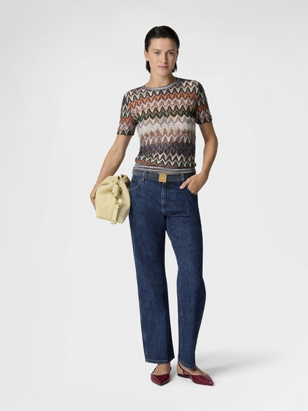 T-shirt girocollo in cotone e viscosa lam&eacute; motivo pizzo, Verde& Marrone - DS26SN0QBR014ZS72OW