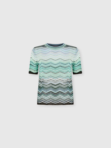 Chevron Lam&eacute; Viscose Crewneck T-Shirt with Sequins, Turquoise  - DS26SN0VBK01H9SMSN4