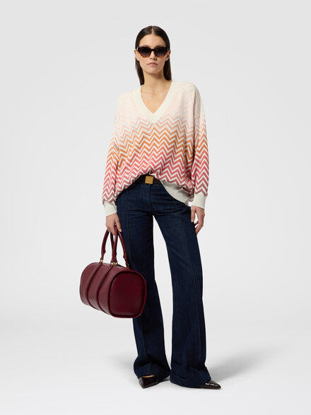 Chevron D&eacute;grad&eacute; Cotton and Viscose V-Neck Sweater, Lilac& Rust - DS26SN0WBK01HESMSMO