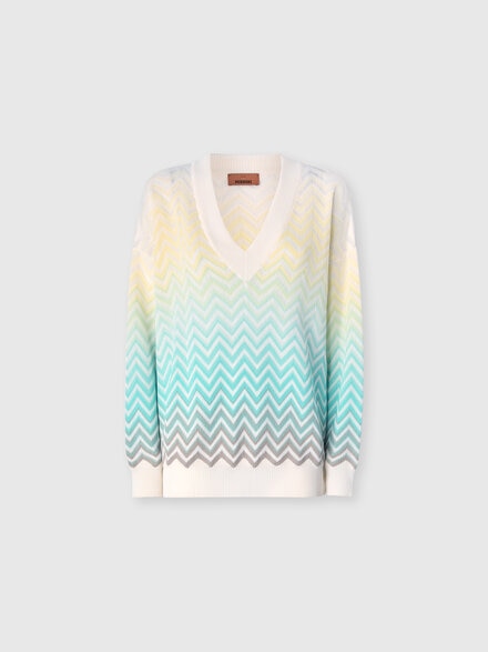 Pull &agrave; col en V en coton et viscose &agrave; motif chevron d&eacute;grad&eacute;, Bleu Clair& Jaune  - DS26SN0WBK01HESMSMP