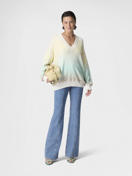 Pull &agrave; col en V en coton et viscose &agrave; motif chevron d&eacute;grad&eacute;, Bleu Clair& Jaune  - DS26SN0WBK01HESMSMP