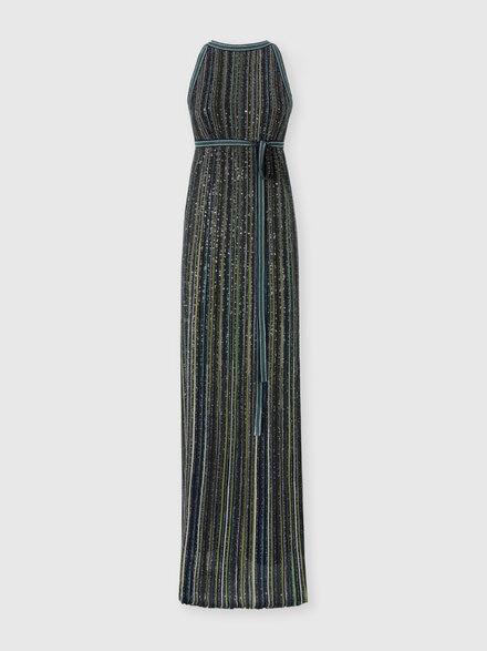 Langes gestreiftes Strickkleid mit Pailletten, Gr&uuml;n  - DS26WG00BK01J8S616T