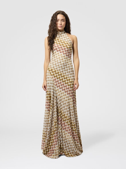 Long dress with halterneck, Gold& Beige - DS26WG0CBR015LS30GA