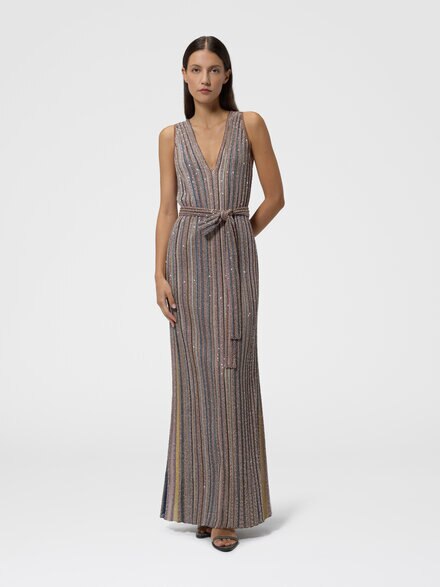Vestido largo de punto con lentejuelas y escote en V, Rosa & Multicolor - DS26WG0KBK01KQSMSPE