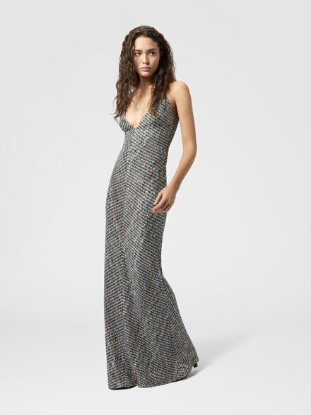 Langes Kleid mit offenem R&uuml;cken und Pailletten, Mehrfarbig  - DS26WG0TBC006DSMSPW