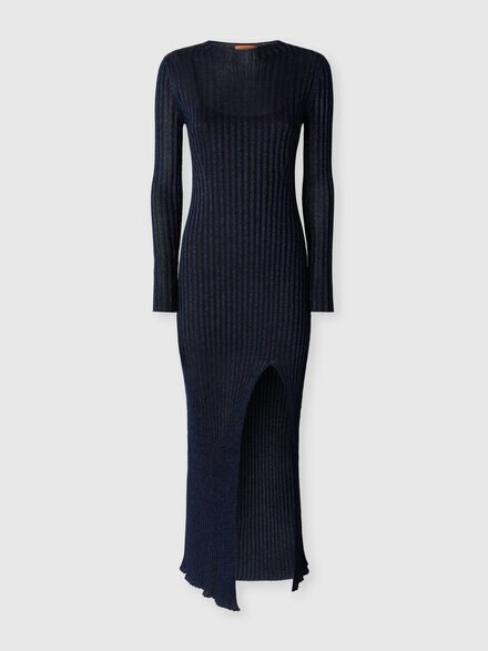Vestido largo acanalado con abertura, Azul Marino  - DS26WG0YBK01JES72RB