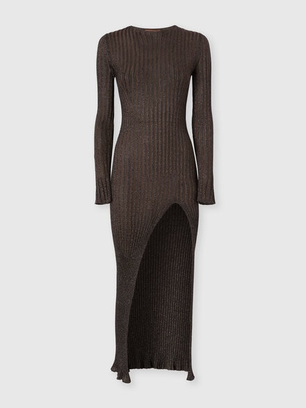 Ribbed long dress with slit, Brown - DS26WG0YBK01JES80F6
