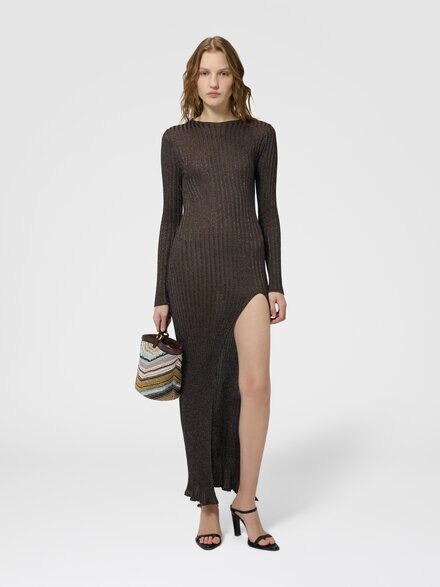 Ribbed long dress with slit, Brown - DS26WG0YBK01JES80F6