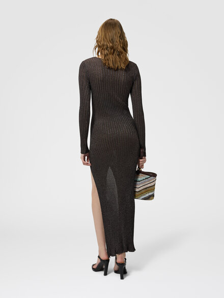 Ribbed long dress with slit, Brown - DS26WG0YBK01JES80F6