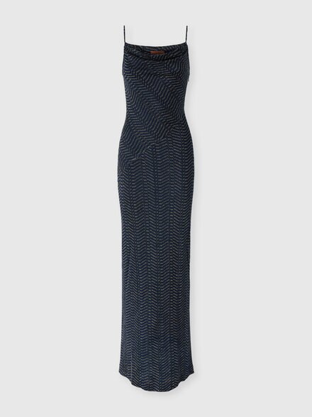 Vestido largo en viscosa lam&eacute; con capucha, Azul Oscuro& Dorado - DS26WG1HBR015RS72QT