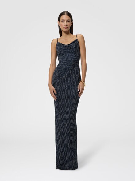 Vestido largo en viscosa lam&eacute; con capucha, Azul Oscuro& Dorado - DS26WG1HBR015RS72QT