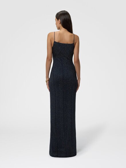 Vestido largo en viscosa lam&eacute; con capucha, Azul Oscuro& Dorado - DS26WG1HBR015RS72QT