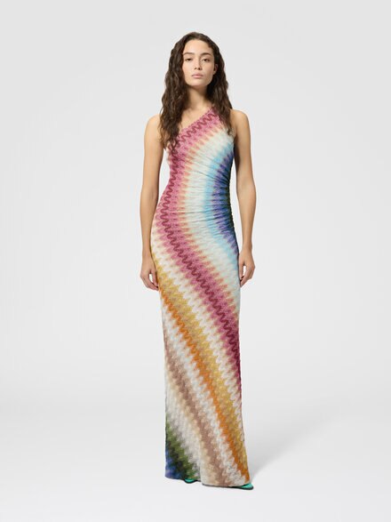 One-shoulder long viscose lace dress, Multicoloured  - DS26WG1SBR015KSMSPT