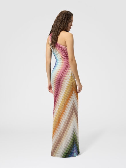 One-shoulder long viscose lace dress, Multicoloured  - DS26WG1SBR015KSMSPT
