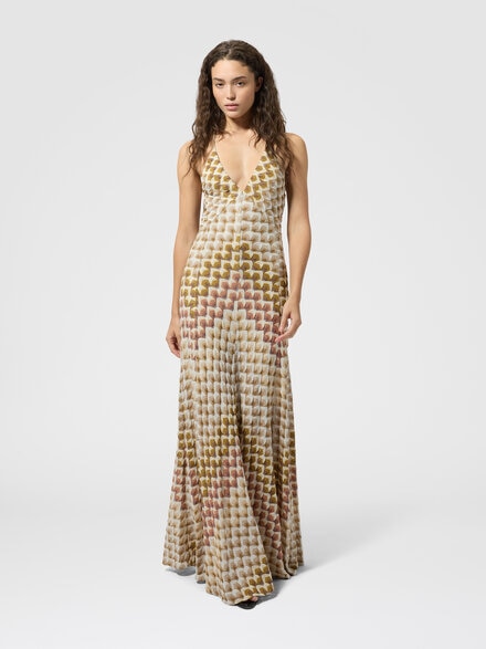 Long viscose lam&eacute; dress with crossed straps, Gold& Beige - DS26WG1VBR015LS30GA