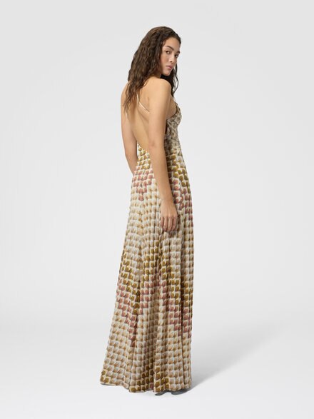 Long viscose lam&eacute; dress with crossed straps, Gold& Beige - DS26WG1VBR015LS30GA