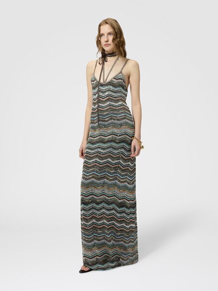 Long chevron knit dress with braided straps, Multicoloured  - DS26WG2KBK01KSSMSPO