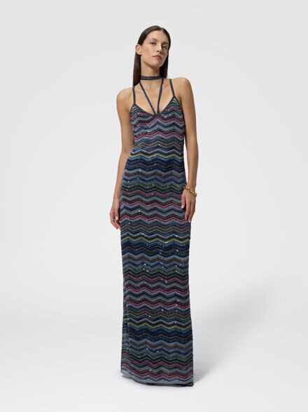 Vestido largo de punto chevron con tirantes trenzados, Multicolor  - DS26WG2KBK01KSSMSQC