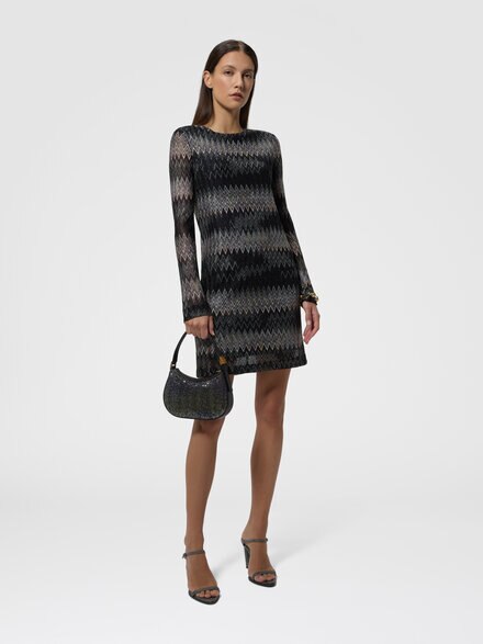 Mini vestido en viscosa lam&eacute; chevron de manga larga, Negro - DS26WG36BR0153S91RB