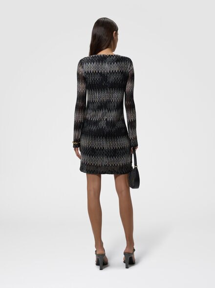 Mini vestido en viscosa lam&eacute; chevron de manga larga, Negro - DS26WG36BR0153S91RB