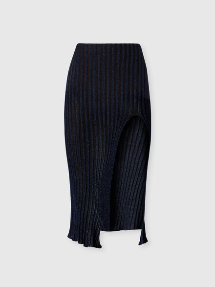 Falda midi acanalada en viscosa lam&eacute; con abertura, Azul Marino  - DS26WH0DBK01JES72RB