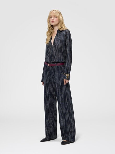 Pantalon classique en viscose lam&eacute; motif grec, Bleu& Or - DS26WI08BR015RS72QT